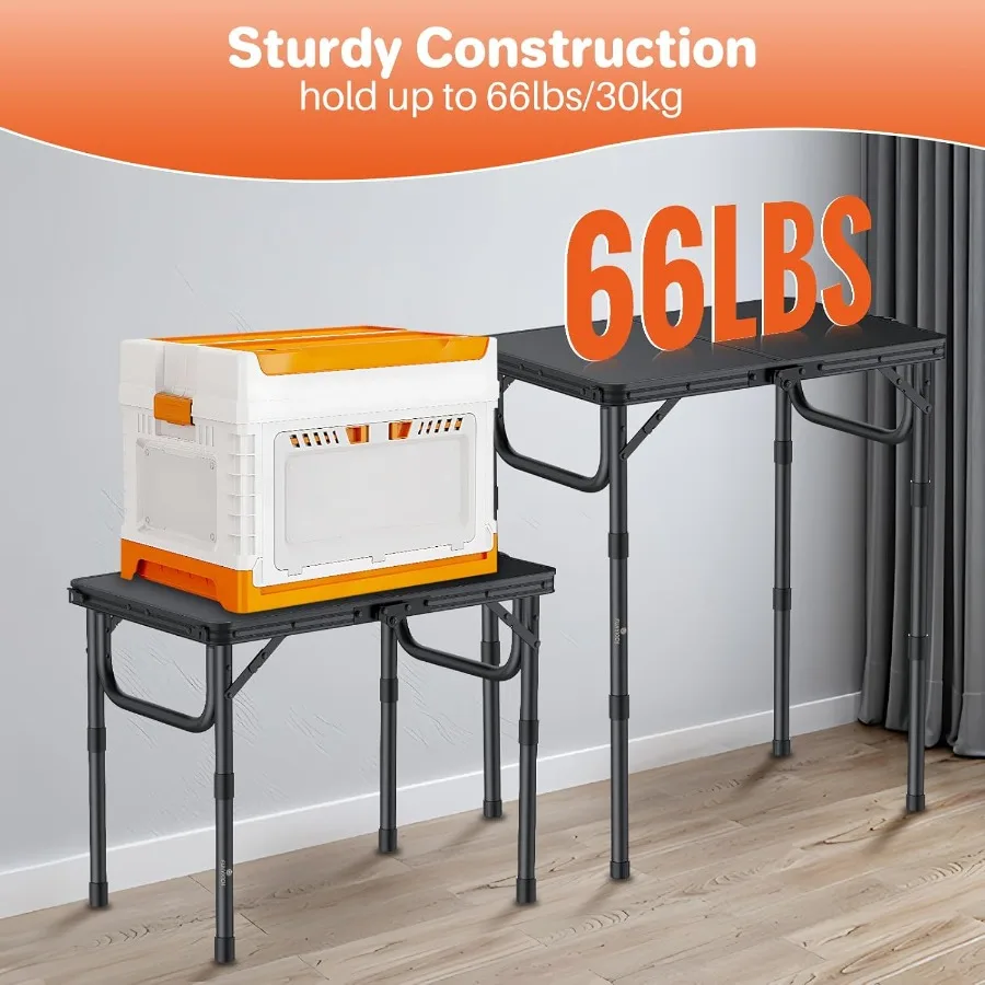 طاولة تخييم صغيرة قابلة للطي بطول 2 قدم مع ارتفاع قابل للتعديل 22.8 بوصة طول × 15.7 بوصة عرض طاولة نزهة خارجية من الألومنيوم خفيفة الوزن مع حمل