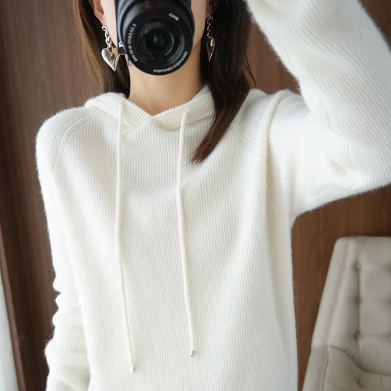 100% Pure Wool Cashmere Sweater Spring /Autumn Women Hooded Collar Pullover Casual Knitted Warm Top Korean Long-sleeved Jacket