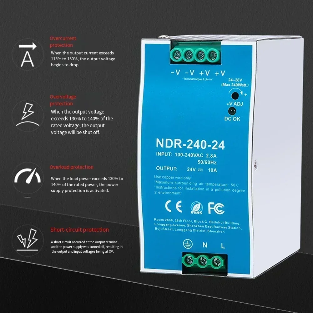 NDR-240-24 Industrial DIN Rail Power Supply Wide 100-240V AC Input Short Circuit Protection For Electrical Automation Systems
