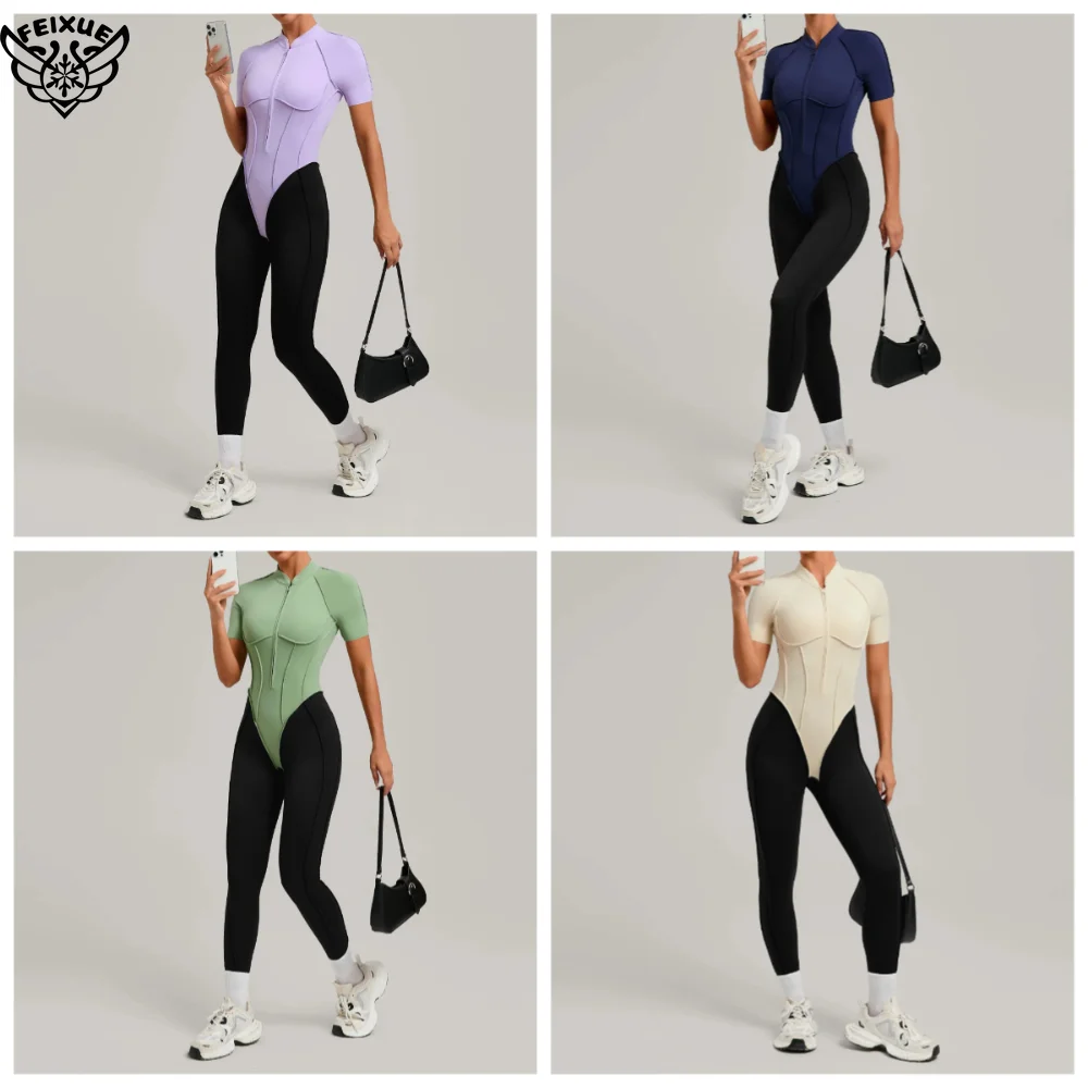 بدلة جديدة من النايلون بسحاب عالي المرونة مدمجة في حمالة صدر للياقة البدنية بأكمام قصيرة وألوان مرنة للتمرين واليوجا للنساء بدون ظهر