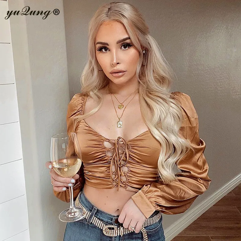 Vintage Women Lace Up Shiny Silk Satin Short Blouses Shirt Puff Long Sleeve Square Neck Crop Tops Brown Streetwear YuQung