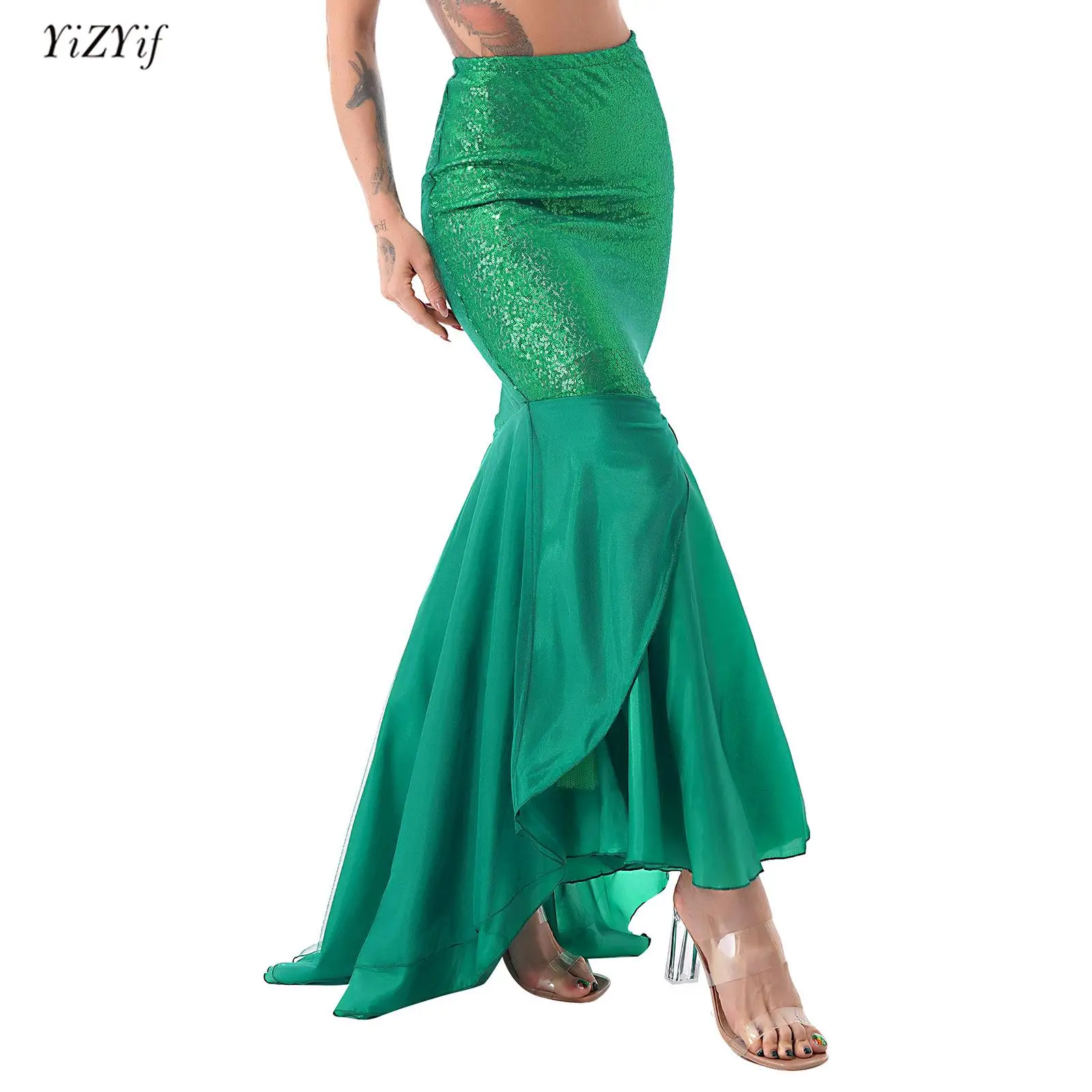 

Womens Mermaid Cosplay Maxi Skirt Cascading Tulle Fish Scale Print Shiny Metallic Fishtail Skirts for Halloween Party Dress up