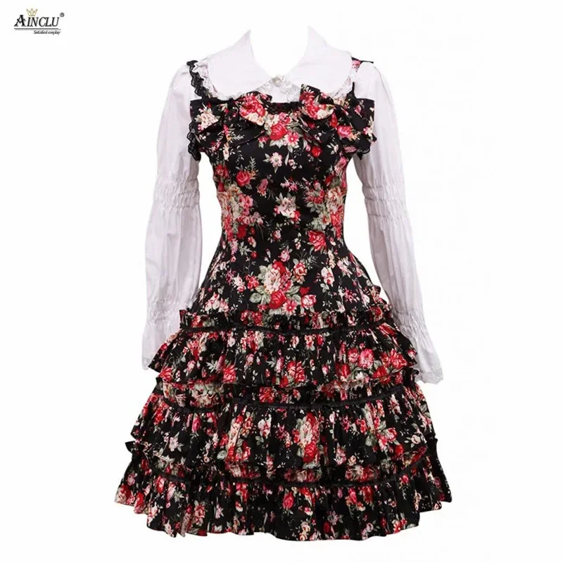 

Ainclu Womens Cotton White Long Sleeves Blouse And Floral Cotton Cosplay Skirt with Bow/Ribbon Classic Printing Lolita Suit