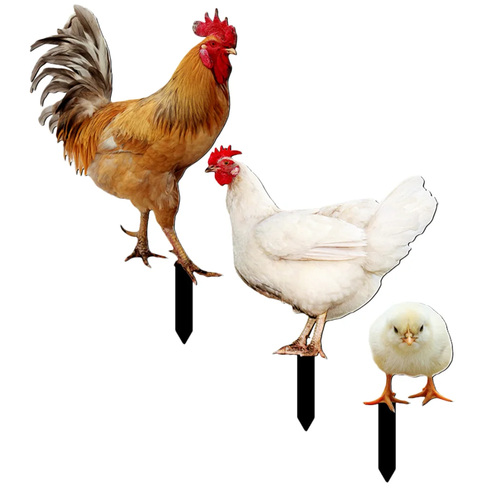 3pcs Garden Chicken Stake Decor Set Realistic Rooster Hen Chick Silhouette Yard Sign for Outdoor Courtyard Decorative Stake