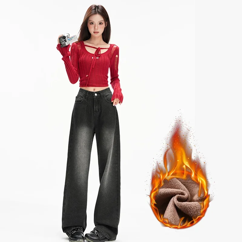 Vintage Baggy Hohe Taille Fleece Jeans Frauen Y2K Breite Bein Übergroßen Harajuku Beliebte Mode Winter Streetwear Männer Jeans Hosen