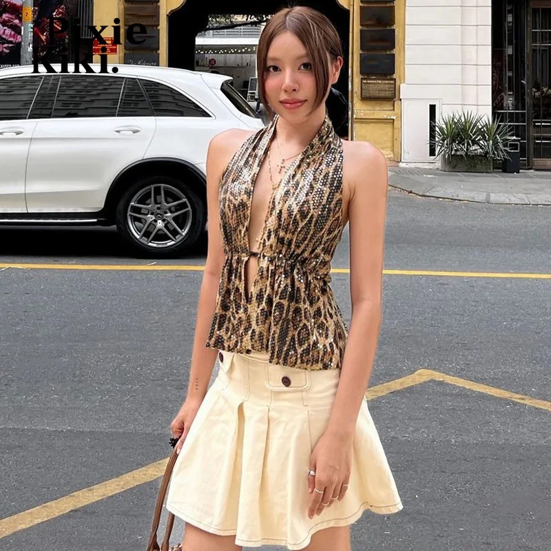 

Womens Summer Clothes 2026Leopard Print Sequined Glitter Top Sexy Club Lace Up Backless Halter Tank Tops