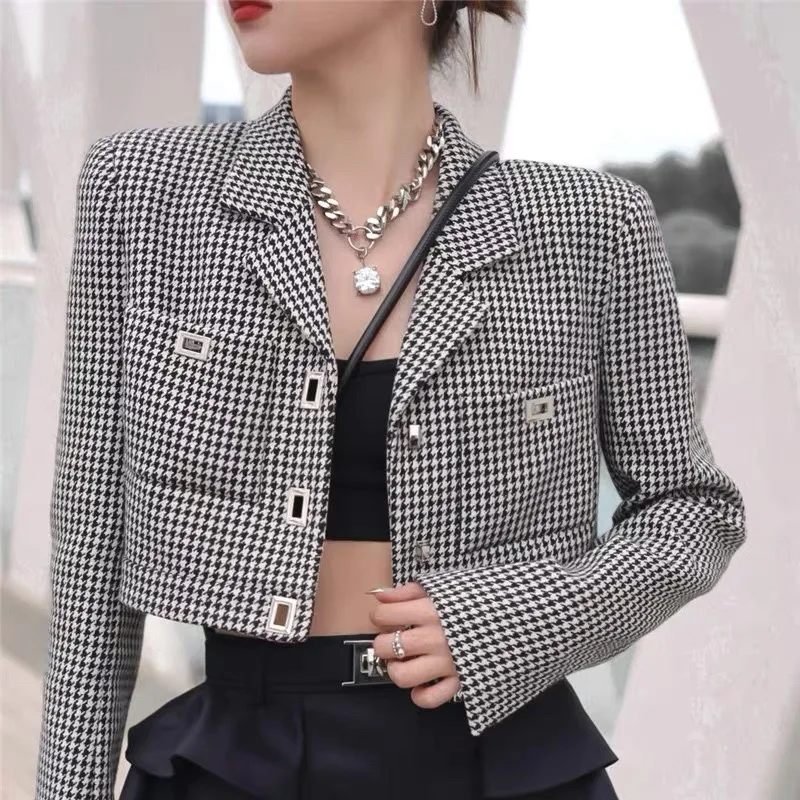 

Women's Autumn New Black and White Thousand Bird Grid Short Suit Coat Luxurious and Elegant Texture Single breasted Suit Jacket