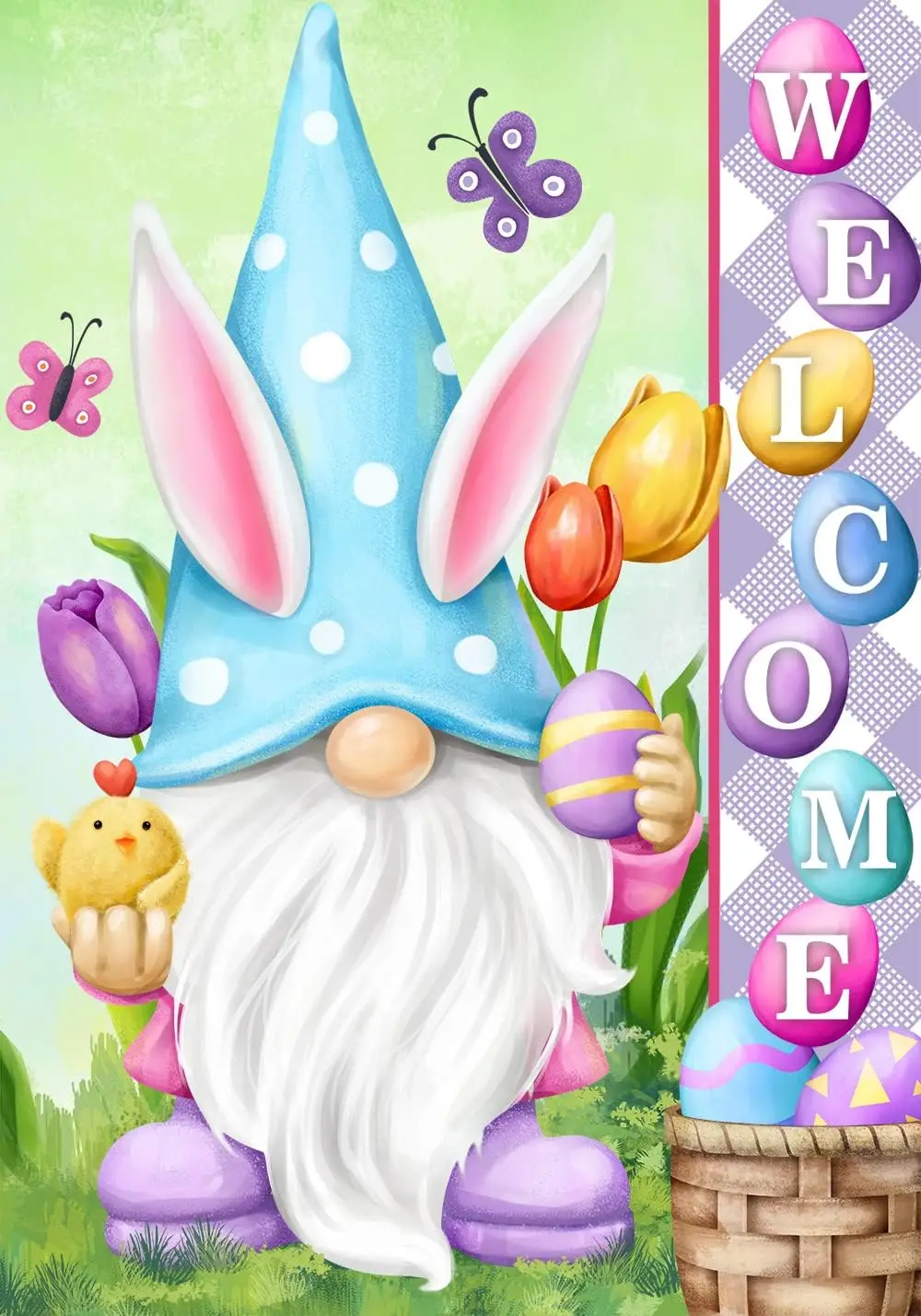 Texupday Welcome Bunny Gnome Easter Eggs Tulips Decoration Easter Spring Holiday Garden Flag Outdoor Yard Flag 12