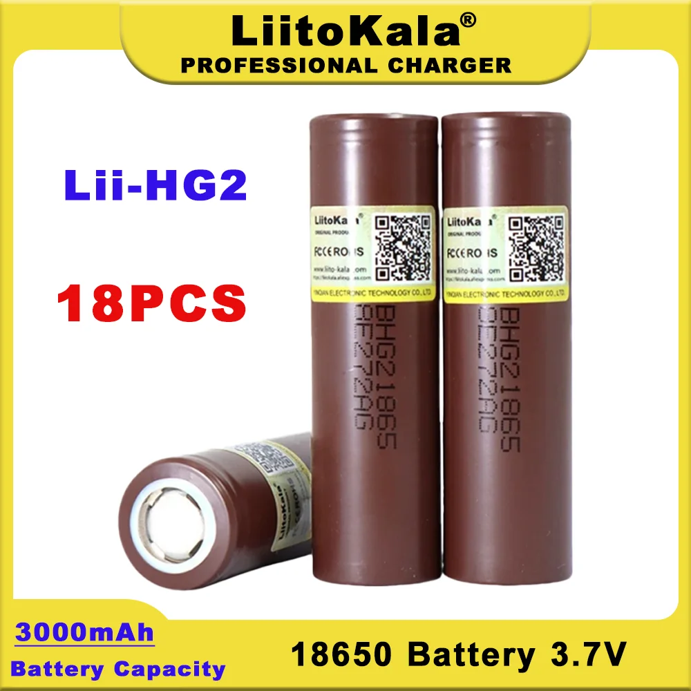 18PCS  Liitokala New 18650 Battery HG2 3000mAh 3.6V Lithium Continuous Discharge 20A Dedicated Electronic Power  Battery