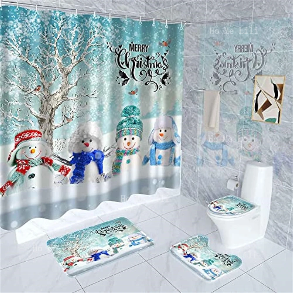 The Snowman Shower Curtain Set Includes A Non-Slip Carpet Toilet Seat Cover And U-Pad Bathroom Decor