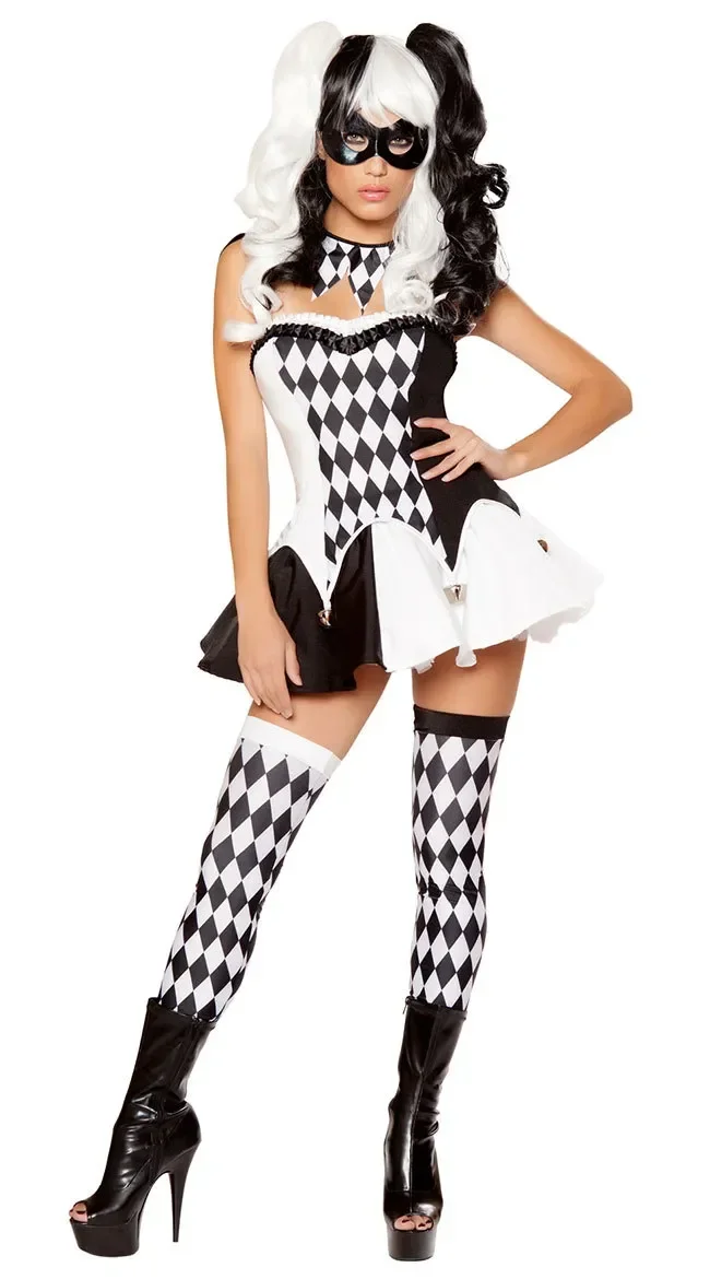 Cosplay Adult Circus Clown Black White Lattice Costume Set Women Halloween Carnival Fancy Dress Up Masquerade Party Disfraz