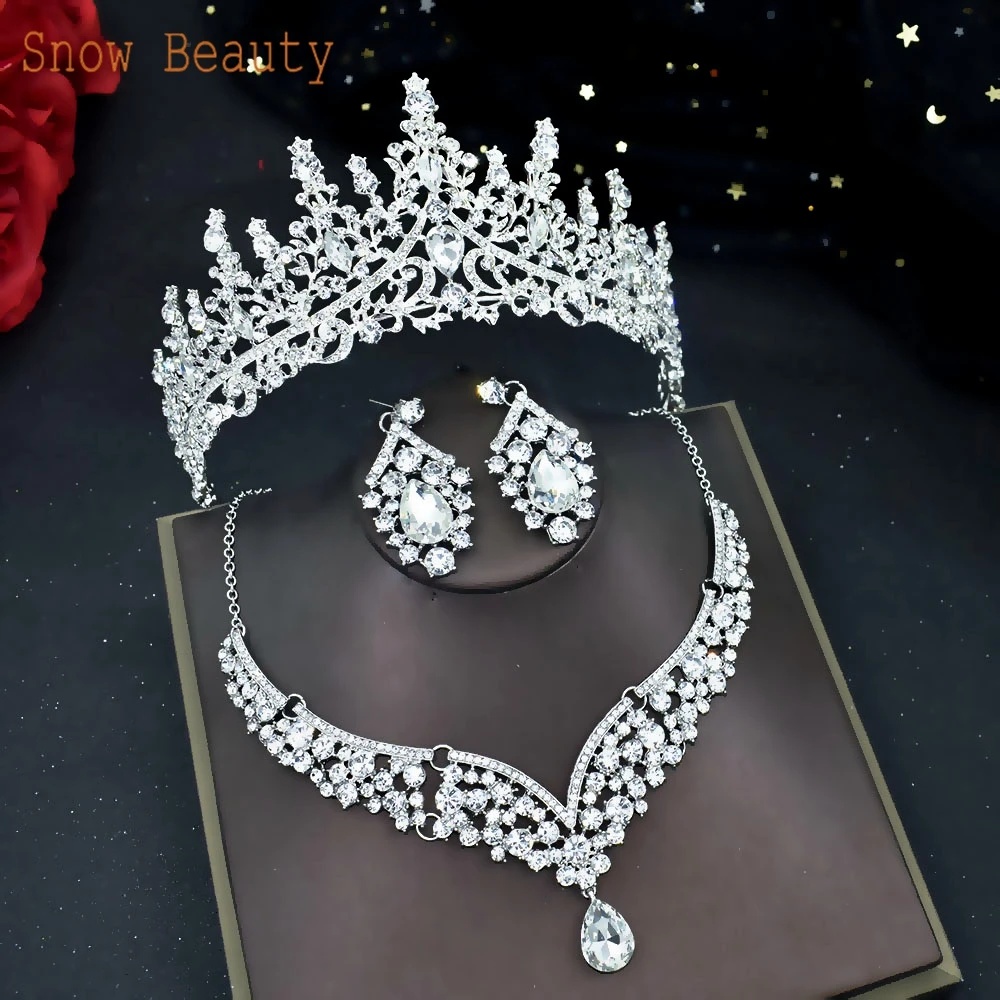 A158 Silver Crystal Bridal Tiara Crown Fashion Jewelry Set Rhinestone Headband Women Tiara Queen Princess Diadem Necklace Sets