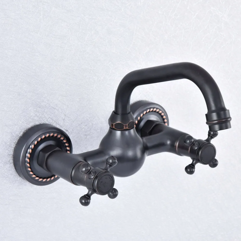

Bathroom Black Bronze Faucet Wall Mounted Double Handle Swivel Spout Hot and Cold Mixer Faucet Nsf726