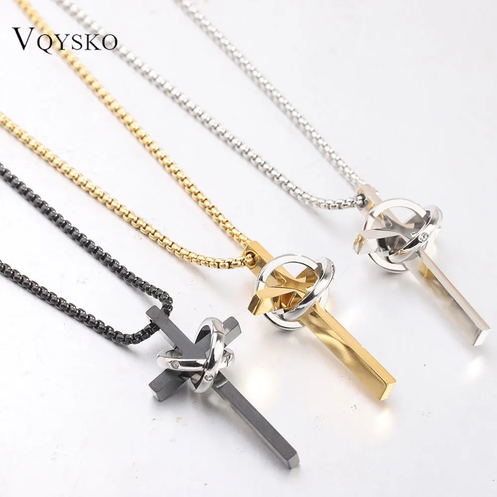 18MM Stainless Steel Cross Splicing Buckle Double Ring Pendant Necklace for Women Men Hip hop Punk Jewelry Gift