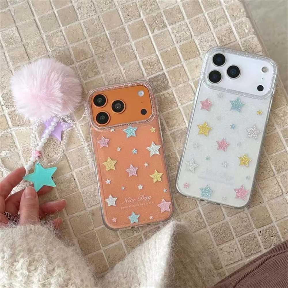 

Korean Color Star Phone Case For iPhone 17 Pro 14 15 16 Pro Max Cover with Plush Ball Chain Cute Protective Cases For iPhone 16P