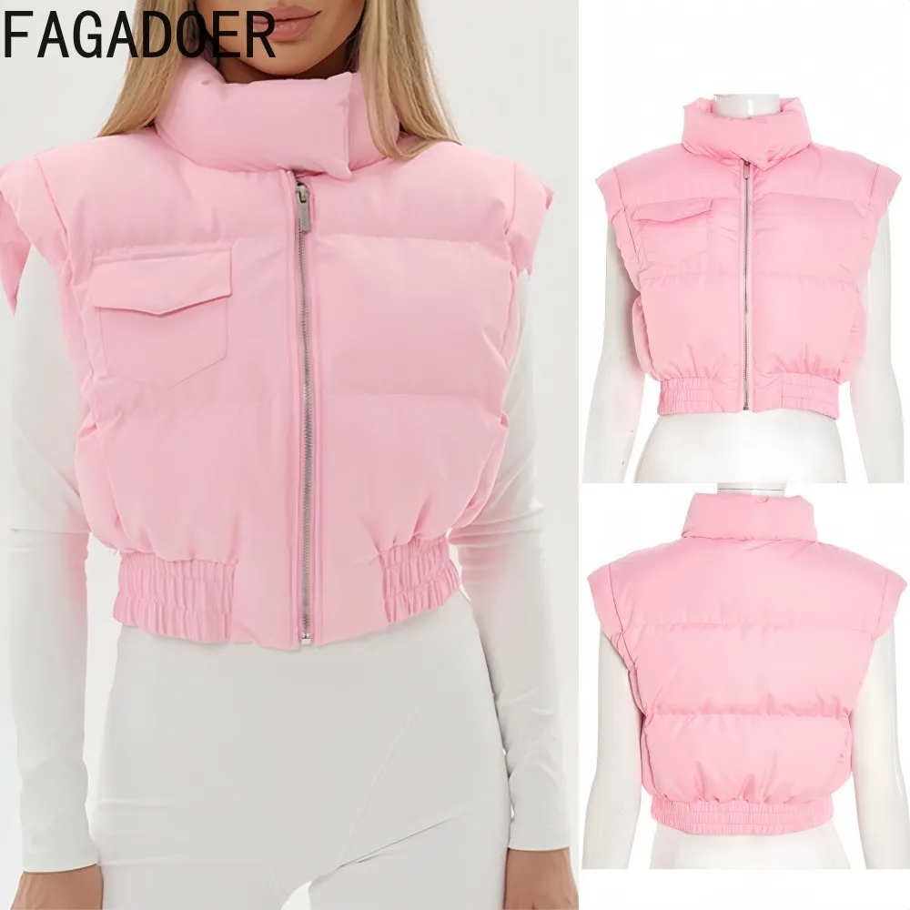

FAGADOER Autumn New Fashion Candy Color Coat for Women High Neck Sleeveless Zipper Jacket Crop Female Streetwear Clothing 2025