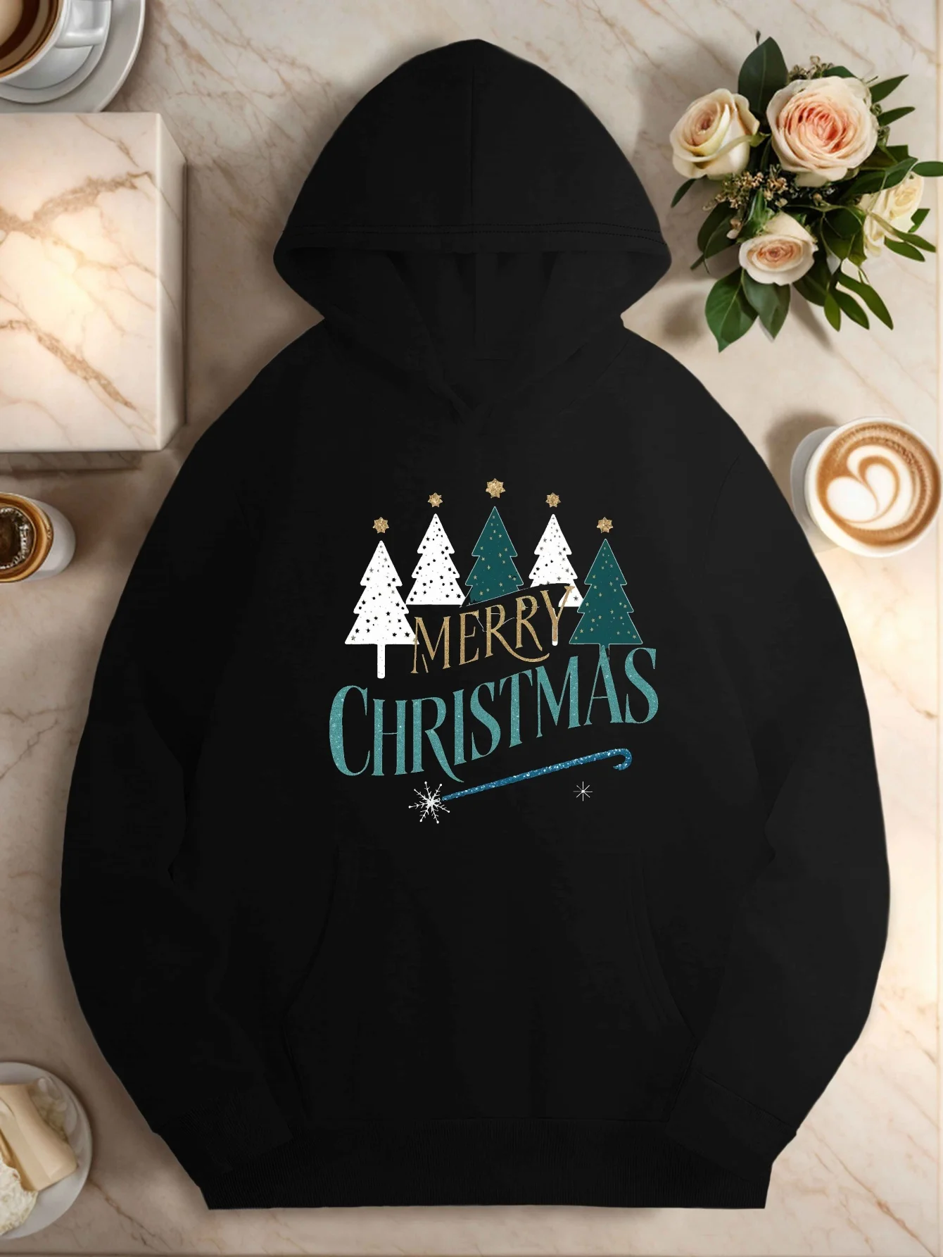 

Women's Plus Size Merry Christmas Hoodie - Cozy Green Polyester Knit Sweatshirt with Festive Pine Tree Design, Front Pocket