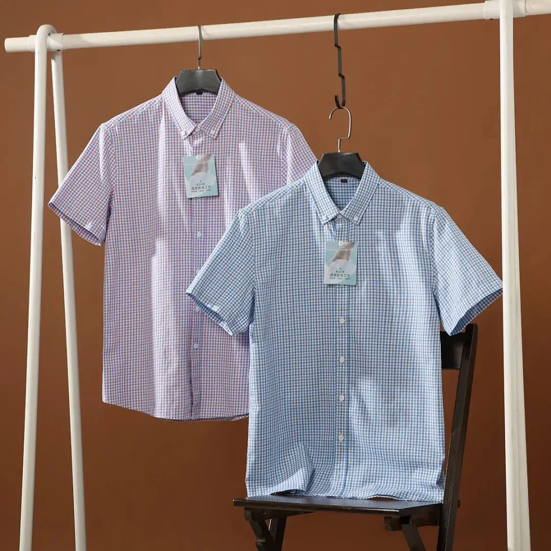 

Summer New Busin Casual ort Sve irt Pure Cotton Color Woven Plaid Ready-made Waed ODM Cany Single M irt