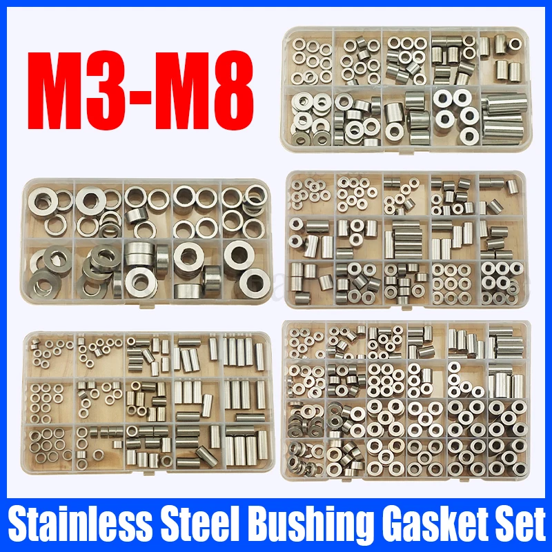 50-200PCS M3-M8 SUS Stainless Steel Flat Washer Bushing Gasket Kit Set Round Hollow No Thread Standoff Spacer Sleeve Set