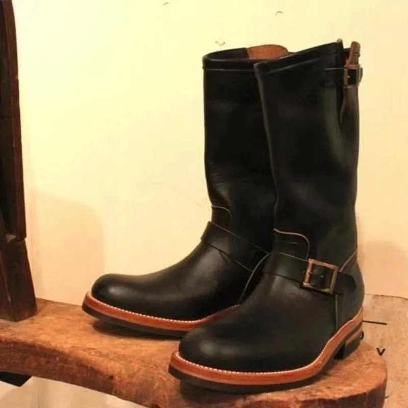 Botas de Media Pantorrilla con Hebilla Vintage para Hombre, de Cuero PU Marrón, Tacón Plano, Estilo Casual Motero, Botines para Hombre, Todas las Temporadas 2026