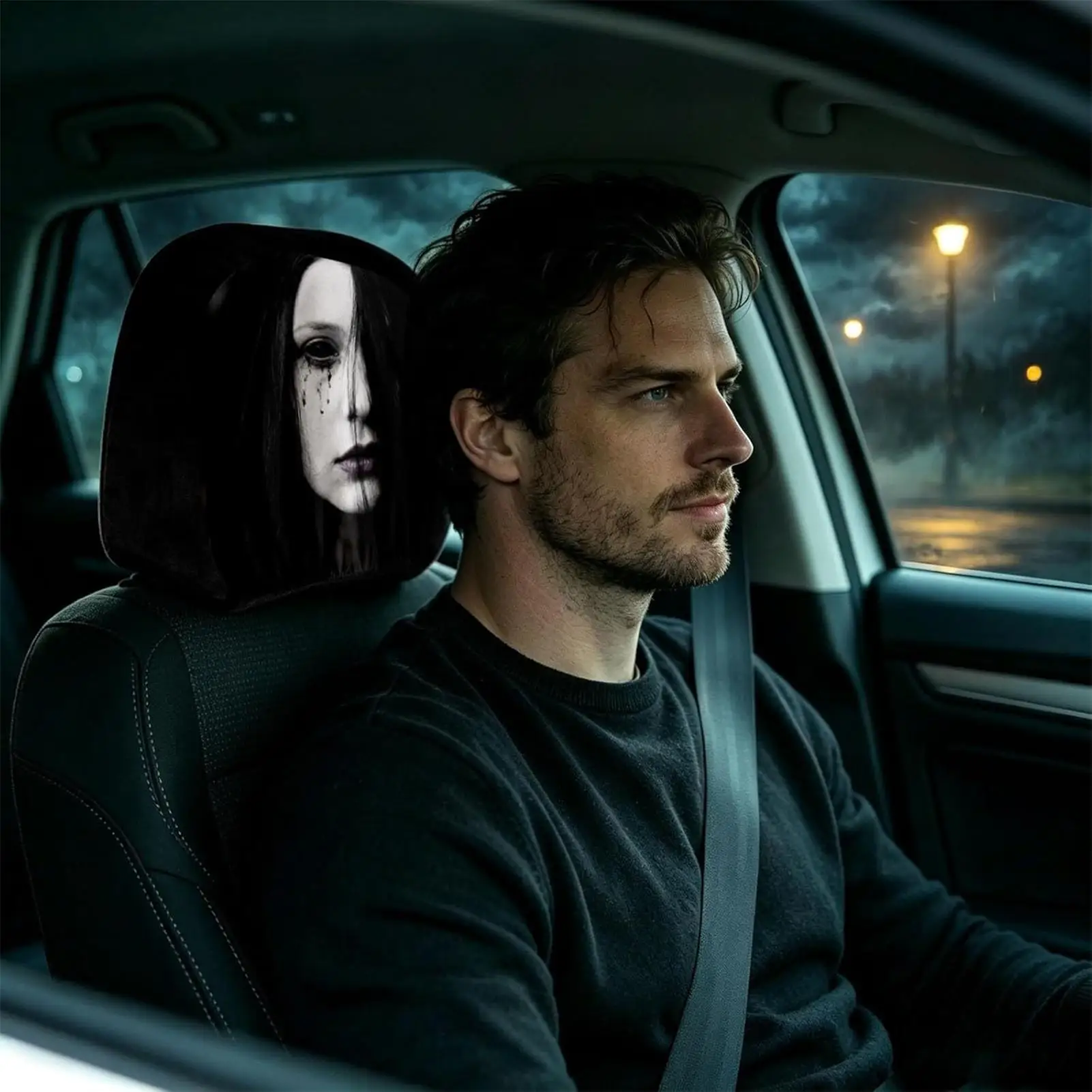 Scary Ghost Face Car Headrest Cover Set 2Pcs Universal Stretchy Breathable Halloween Seat Protector for Truck Daily Prank Travel