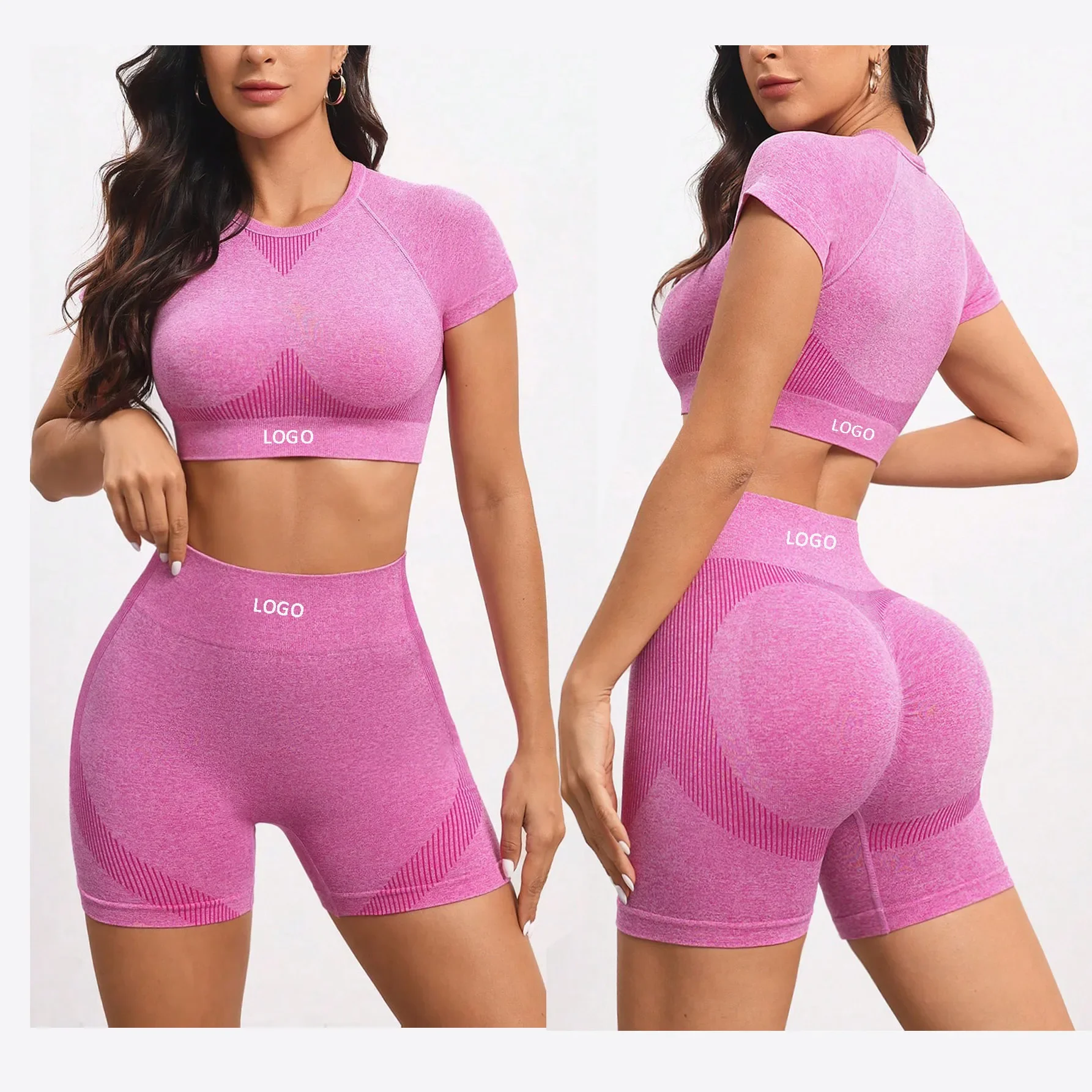 Set sportivo senza cuciture da donna manica corta Crop Top T-shirt Scrunch Butt Gym Legging pantaloncini Set da yoga set da palestra fitness