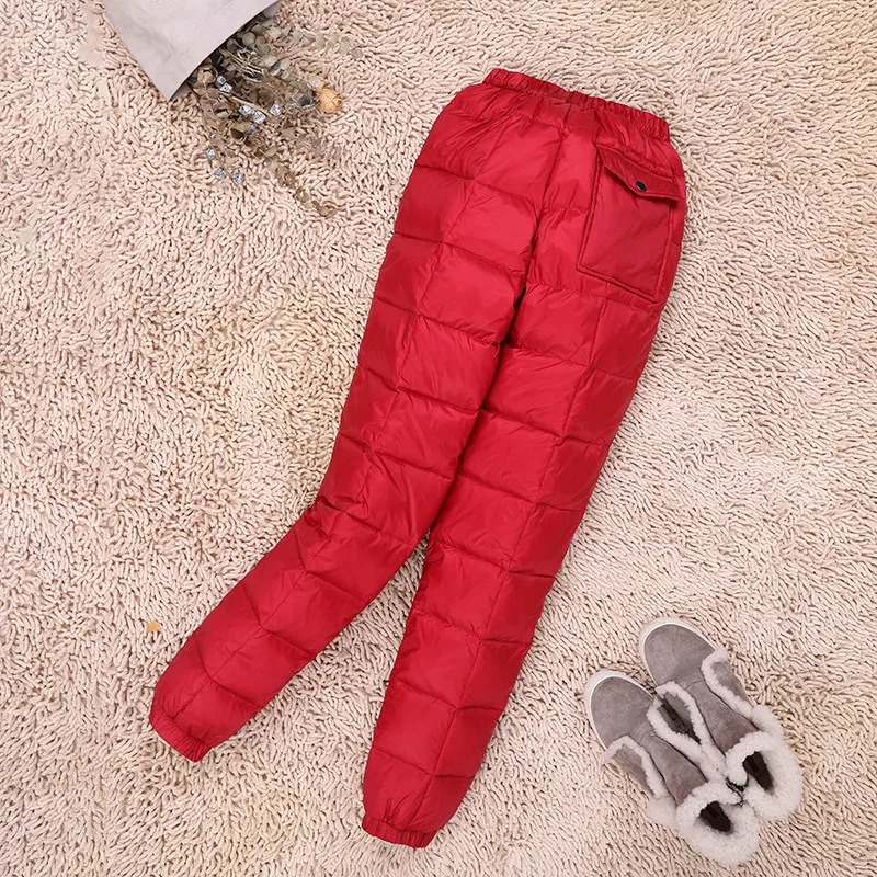 

2024 Female Lady Elastic Waist down Wadded Trousers Outer Wear High Waist Winter New Thick Warm White Duck down Warm Pants