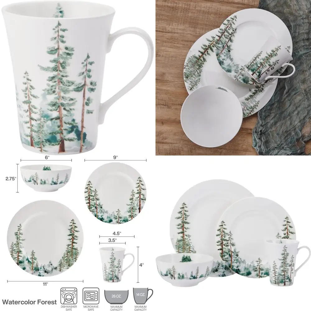 

Elegant 16-Piece White Forest Watercolor Bone China Dinnerware Set, Resistant & Lightweight, Serving 4