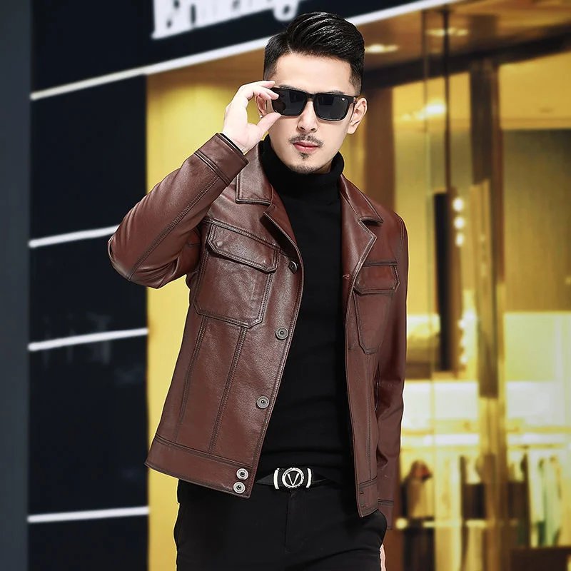 leather 100% genuine fur coat men jacketAutumn and winter 2023 new clothing men's sheep motorcycle short lapel jacket casual