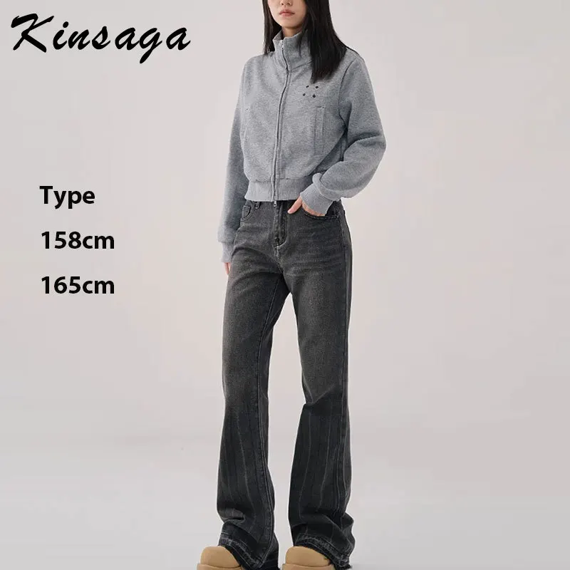 Kinsaga Black Gray Fringed Slightly Flare Jeans Women Pear Shape High Waist Slimming Draged Mopping Denim Pants Wide Leg Jeans