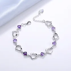 Sterling Silver Heart Shaped Bracelet for Women Vintage Purple Amethyst Bracelets Jewelry Set Party Jewelry Bangles for Women