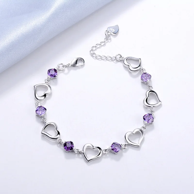 Sterling Silver Heart Shaped Bracelet for Women Vintage Purple Amethyst Bracelets Jewelry Set Party Jewelry Bangles for Women