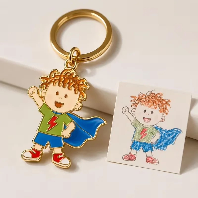 Individueller Niedlicher Gemälde-Foto-Schlüsselanhänger aus Edelstahl, Personalisiertes Cartoon-Handzeichnungs-Kunstwerk, Schlüsselanhänger-Schmuck, Geburtstagsgeschenk für Mädchen