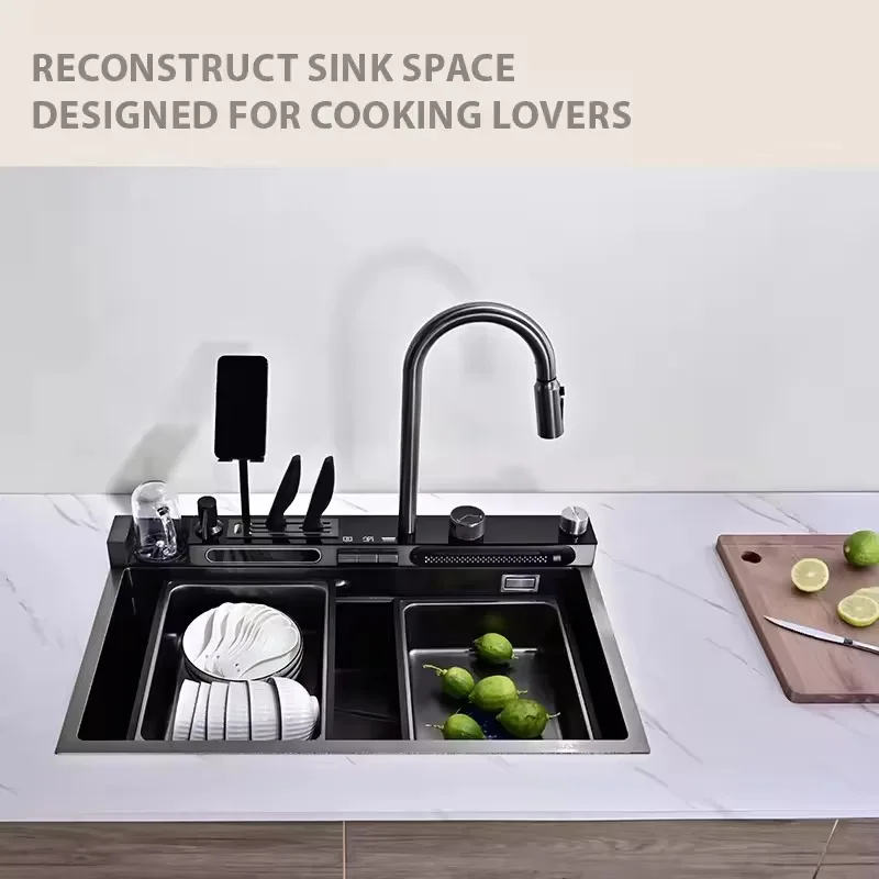 New Design Kitchen Sink Stainless Steel Waterfall Faucet Bionic Honeycomb Black Single Bowl