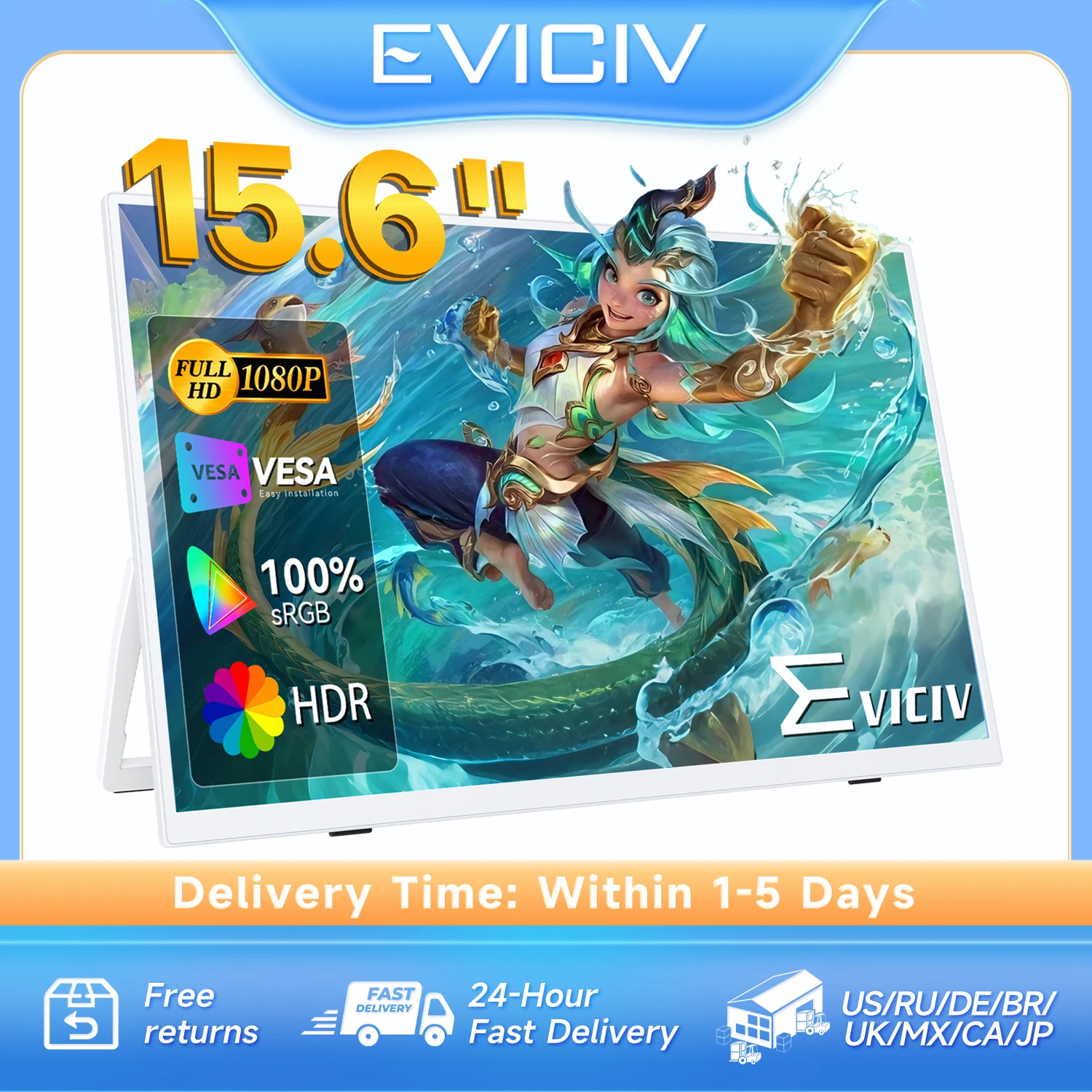 Eviciv 15.6 Inch Portable Monitor 1920*1080P 100%sRGB HDR Extended Display for Laptops PC Mobile Phone Xbox PS4/5 Second Screen