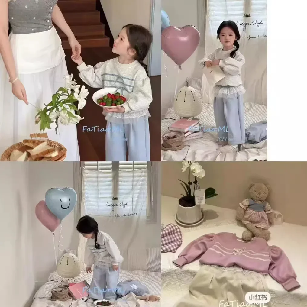 Girls Set 2024 Autumn New Collection Korean Cute  Baby Girl Casual Hoodie Two Piece Set Lace and Lace Pants