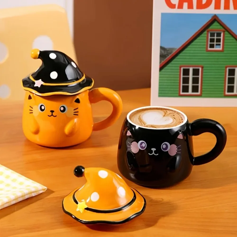 Cute Cat Coffee Mug Halloween Spooky Ceramic Cup Novelty Mug with Lid Pumpkin Hat Birthday Gifts for Cat Lovers Women Girls Kids
