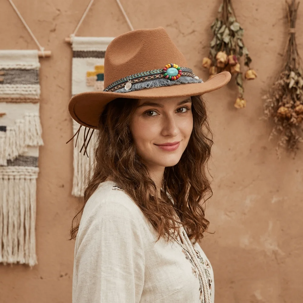Vintage Woolen Western Cowboy Hat with Tassels Big-edge Party Cosplay Hat Roll Brim Ethnic Style Cowgirl Jazz Hat Cycling Caps
