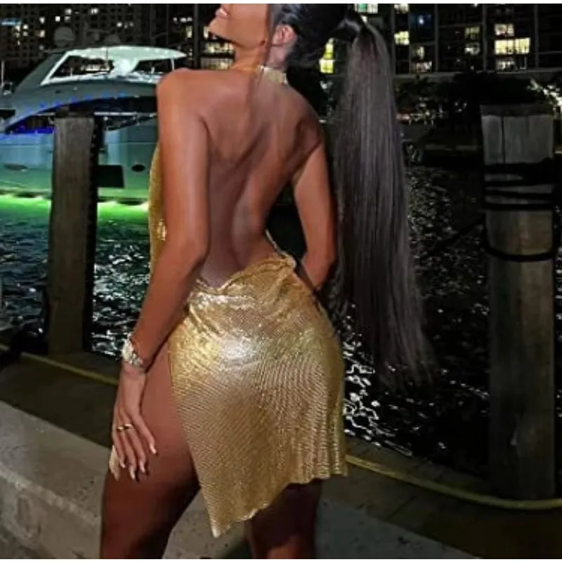 

2024 Summer Clothes Bling Glitter Women Halter Mini Dress Side Slit Backless Bodycon Sexy Streetwear Party Club Festival Vestido