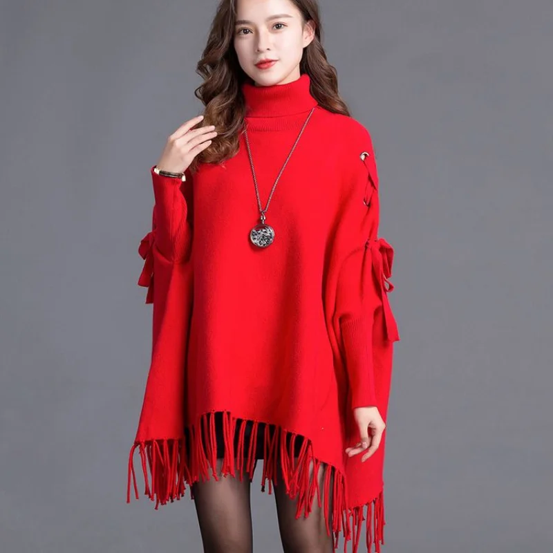 

Bat sweater pullover Women medium long sweater Spring and autumn 2023 loose cloak tassel shawl long sleeve solid sweater coat
