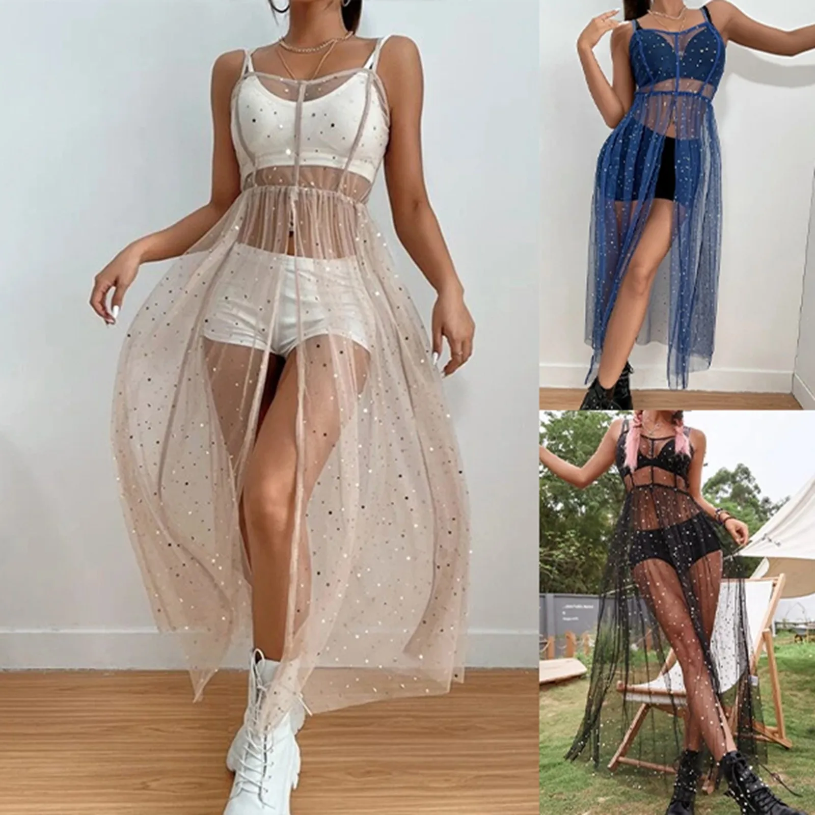 

Mesh Cover Up Dress Bikini Sexy Split Spaghetti Strap Beach Dress Transparent Swimsuit Summer Coverup Female Bathing Suit