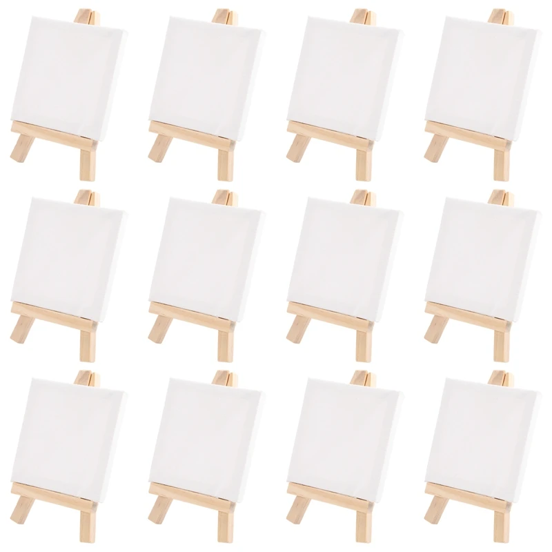 Artists 3 Inch X3 Inch Mini Canvas & 5 Inch Mini Easel Set Painting Craft Drawing - Set Contains: 12 Mini Canvases & 12 Mini Eas