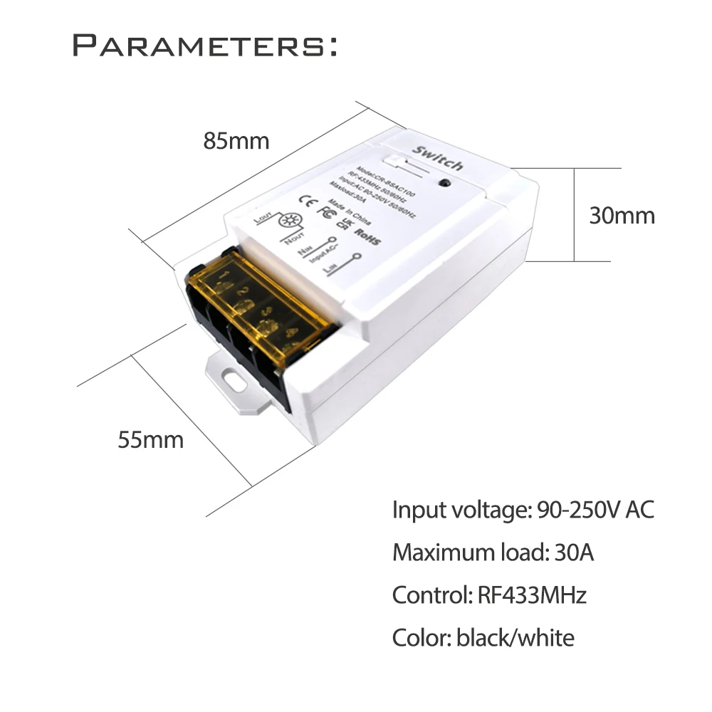 RF433 Remote Control Switch Wireless Switch DIY Device Wide Voltage AC 90-250 V High-power 30A Lighting Processing and Pumping