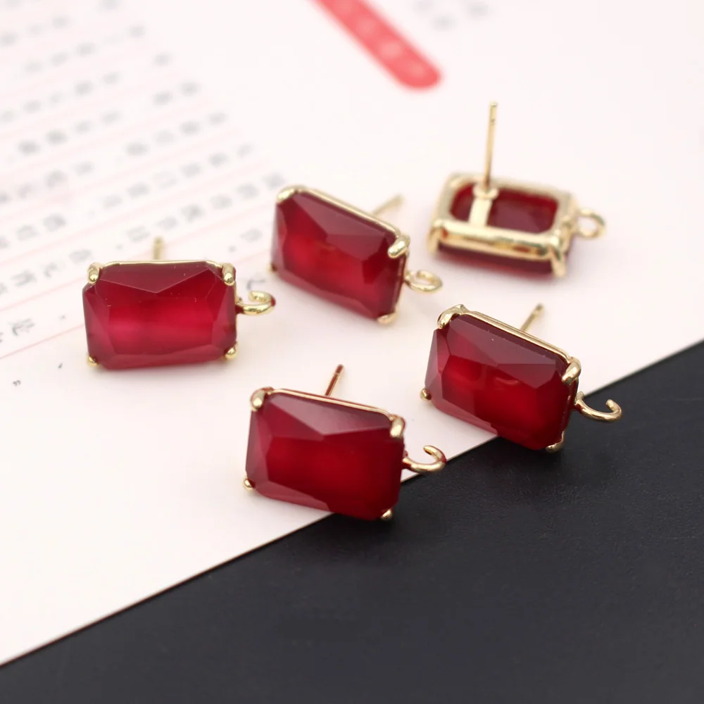 6pair Gold Plated Rectangle Ear Posts Studs Red Blue Jade Stone Earrings Linker Connectors Women DIY Jewelry Accessories