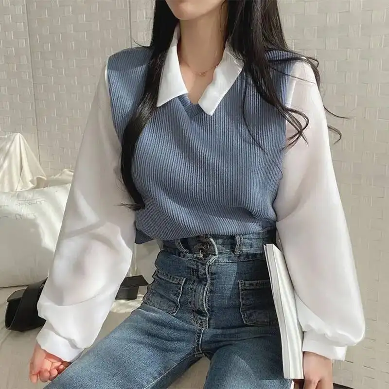 New False Two-piece Polo Collar Women's Blouse Spring Korean Shirt Y2k Tops Streetwear Loose Female Pullovers Elegant Blouses