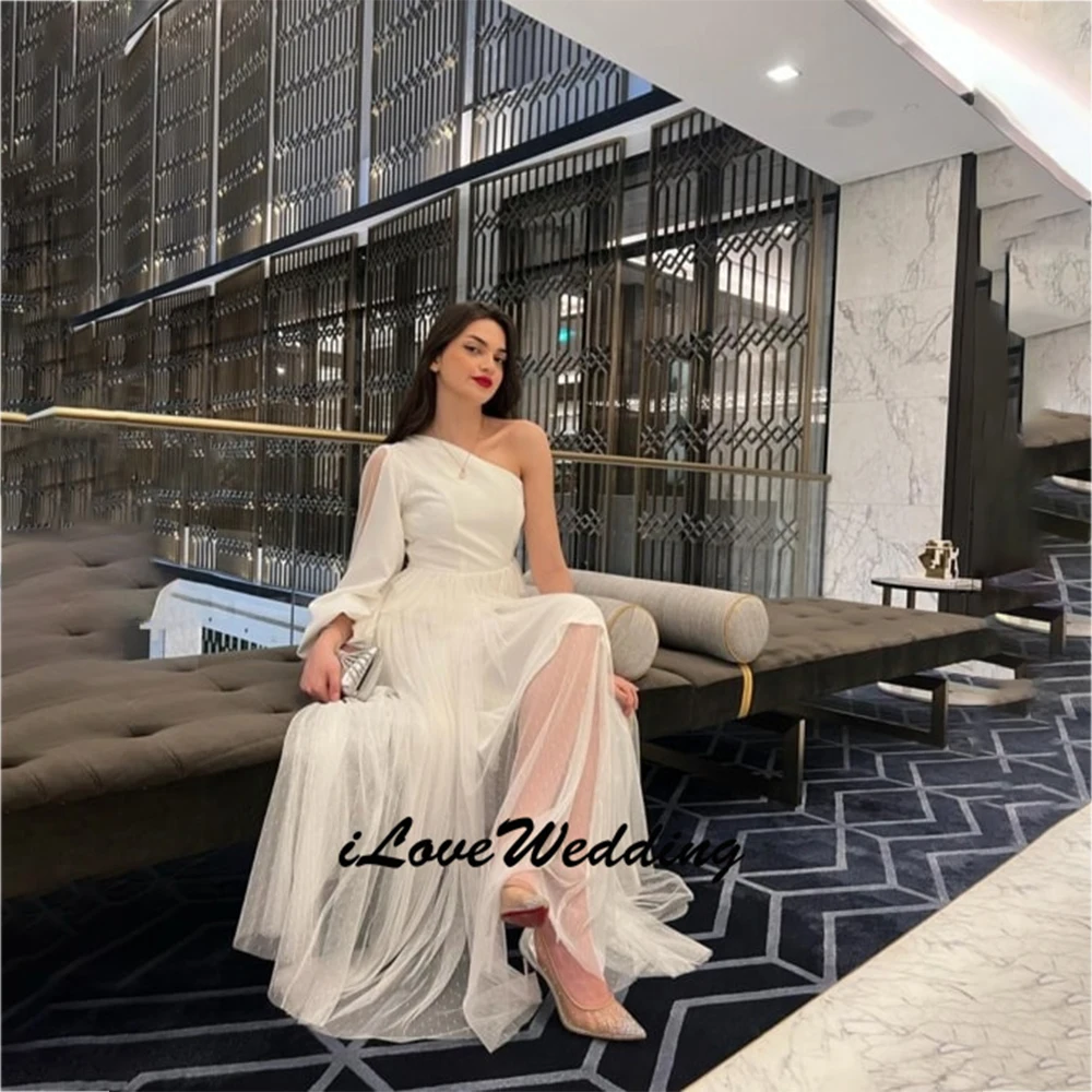 

Простое белое тюлевое шифоновое трапециевидное плиссированное вечернее платье макси на одно плечо, платье для выпускного вечера в Дубае, женское торжественное платье по индивидуальному заказу