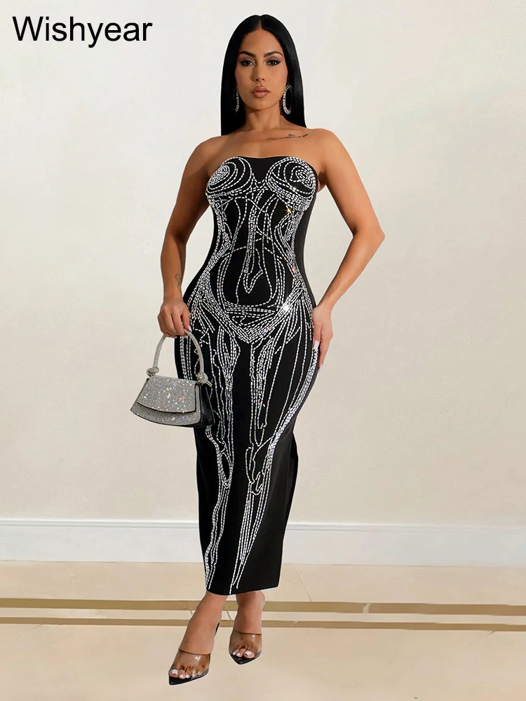 

Wishyear Off Shoulder Strapless Bodycon Sexy Diamonds Maxi Party Black Dress Women Glitter Rhinestone Night Club Birthday Robe