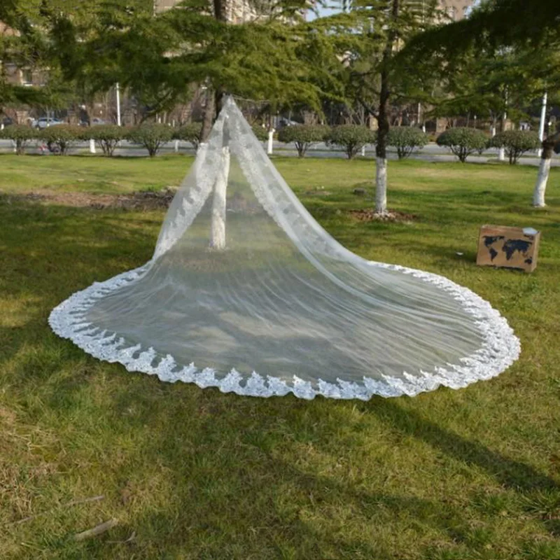 Velo de novia con Aplique de encaje, Mantilla con peine, longitud de catedral, blanco marfil