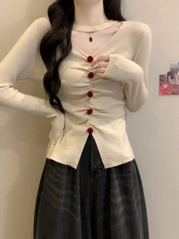 

Уникальная вязаная базовая рубашка с круглым вырезом и длинными рукавами для женщин, весенняя модная внутренняя одежда, красивый топ в стиле Miu, корейская версия, облегающий крой