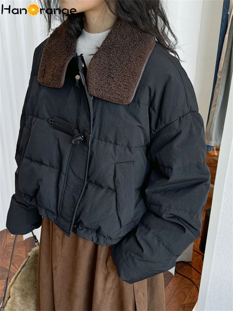 HanOrange 2024 Winter Fake Lambswool Collar Horn Button Padded Jacket Women Loose Silhouette Short Down Jacket Black